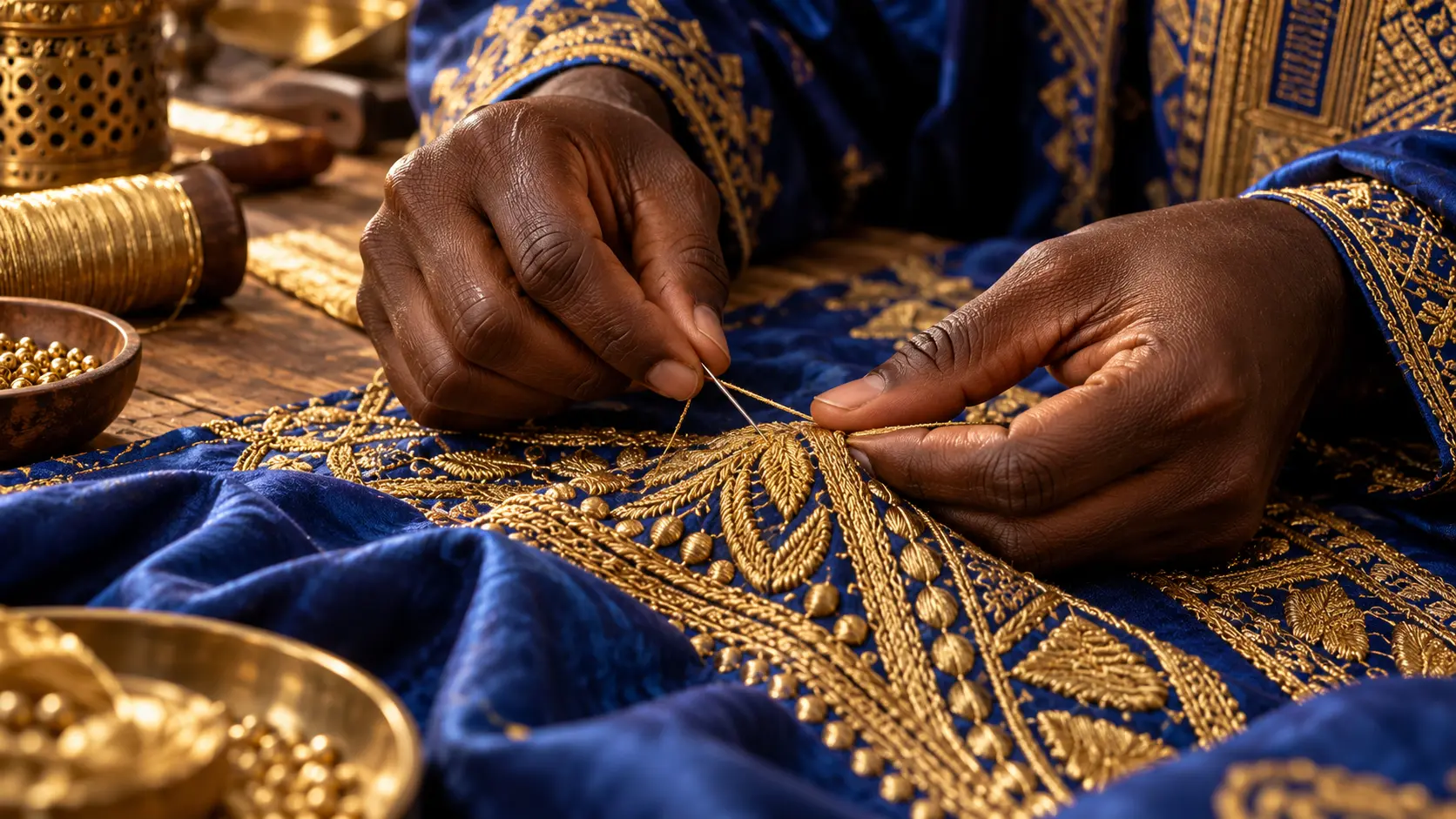 Artisan hands embroidering royal blue fabric