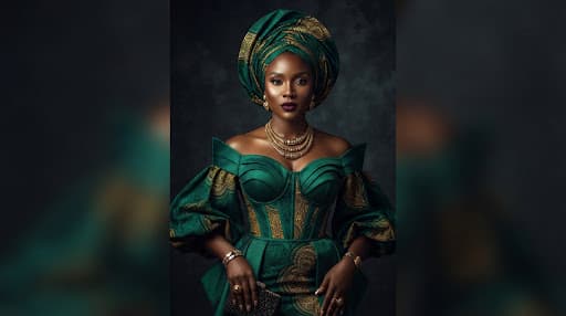 Model in colorful African couture against a studio backdrop